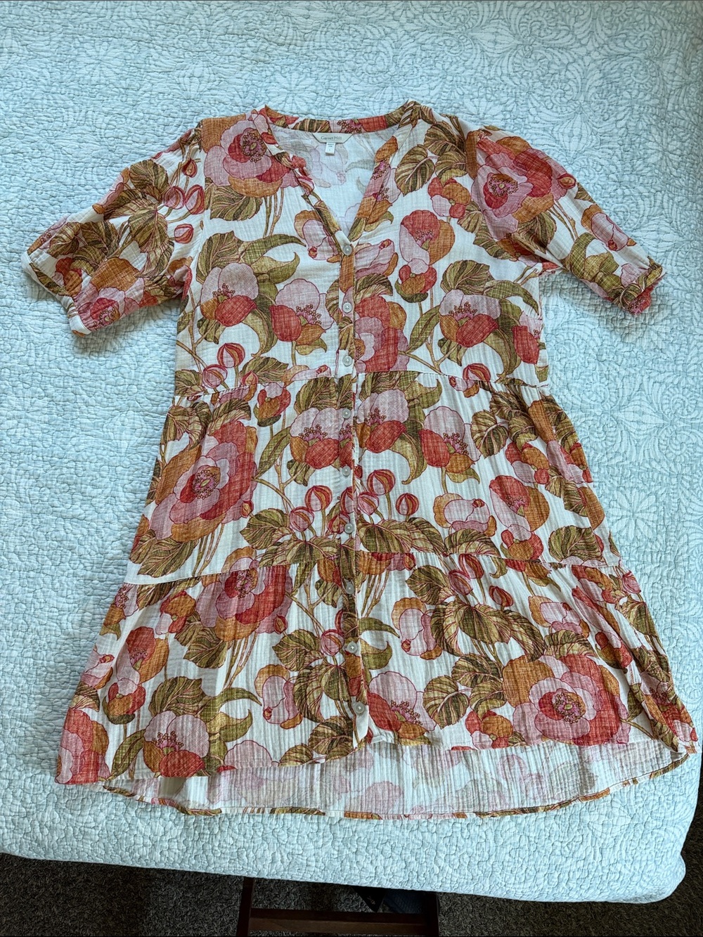 Garnet Hill Organic-Cotton Tiered Shirtdress Floral Puff Sleeves V-neckline sz L